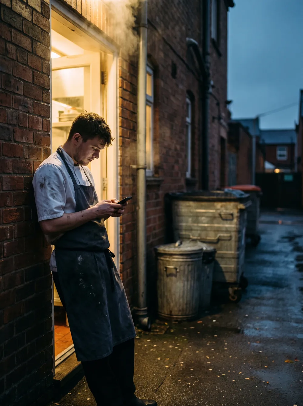 A chef on a break outside a restaurant's back door at night, reading his phone.